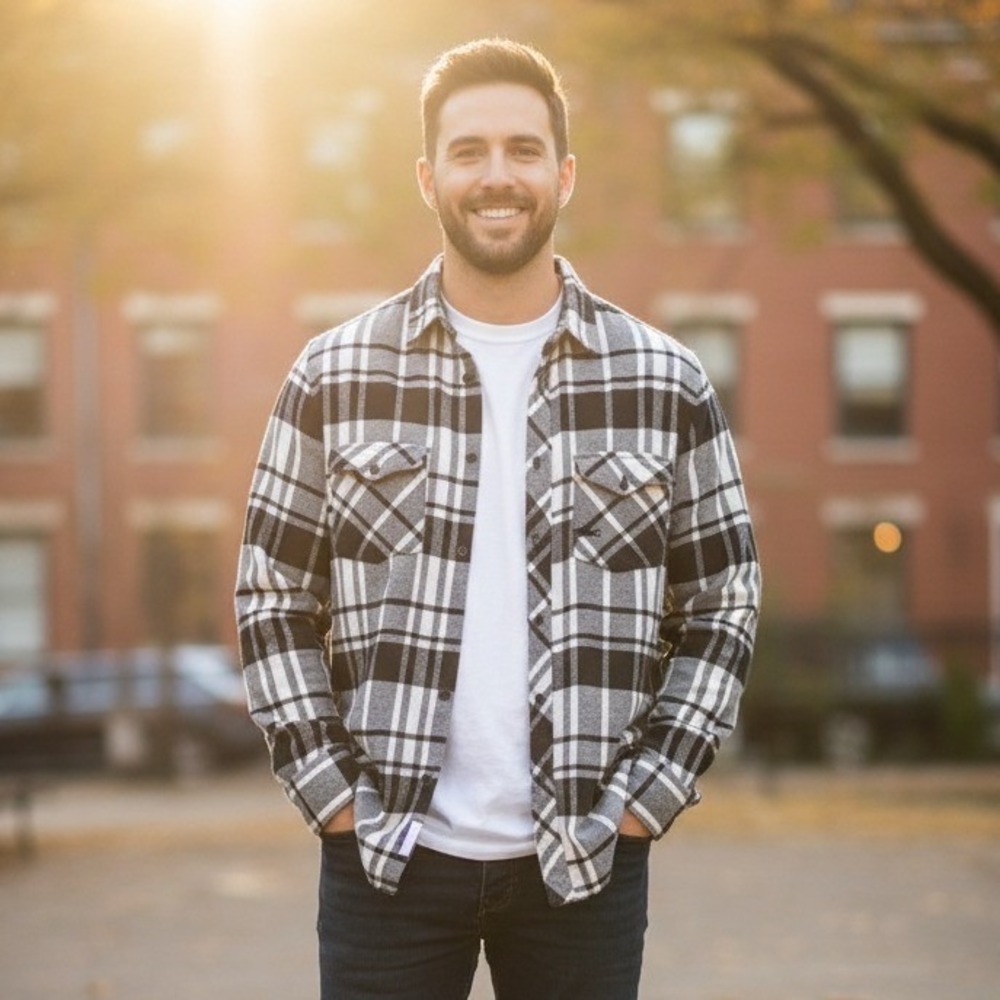 K2 Button Up Plaid Flannel Shirt Long Sleeve Men's‎ L Black White Preppy Casual
